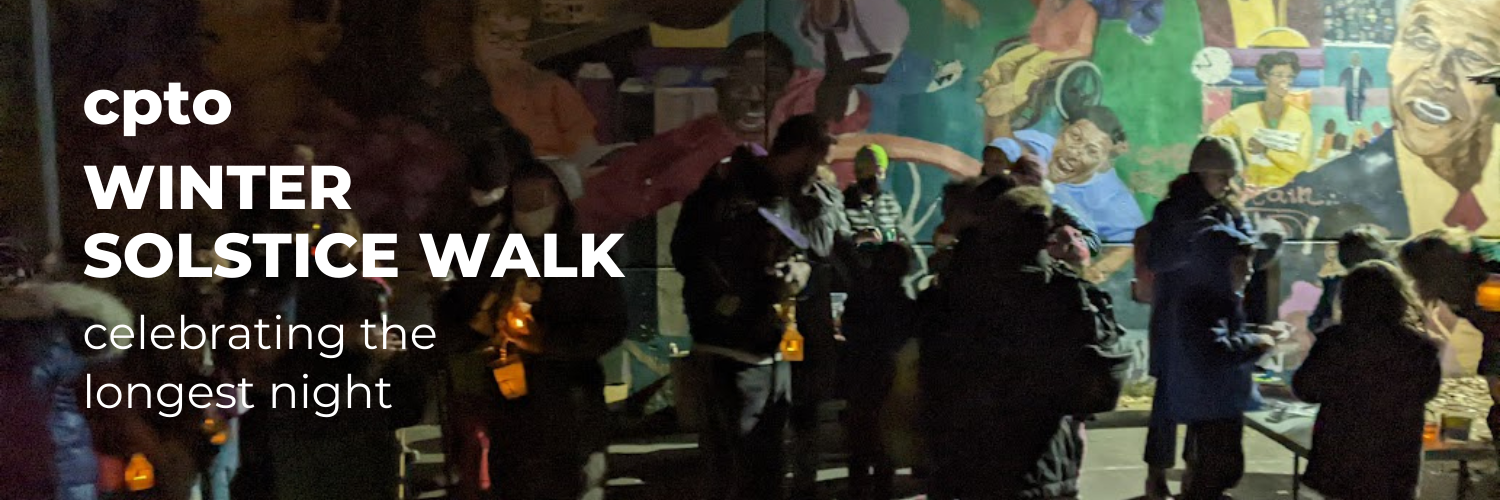 CPTO Winter Solstice Walk, celebrating the longest night.  Text over an image of families gathering on the playground at night.